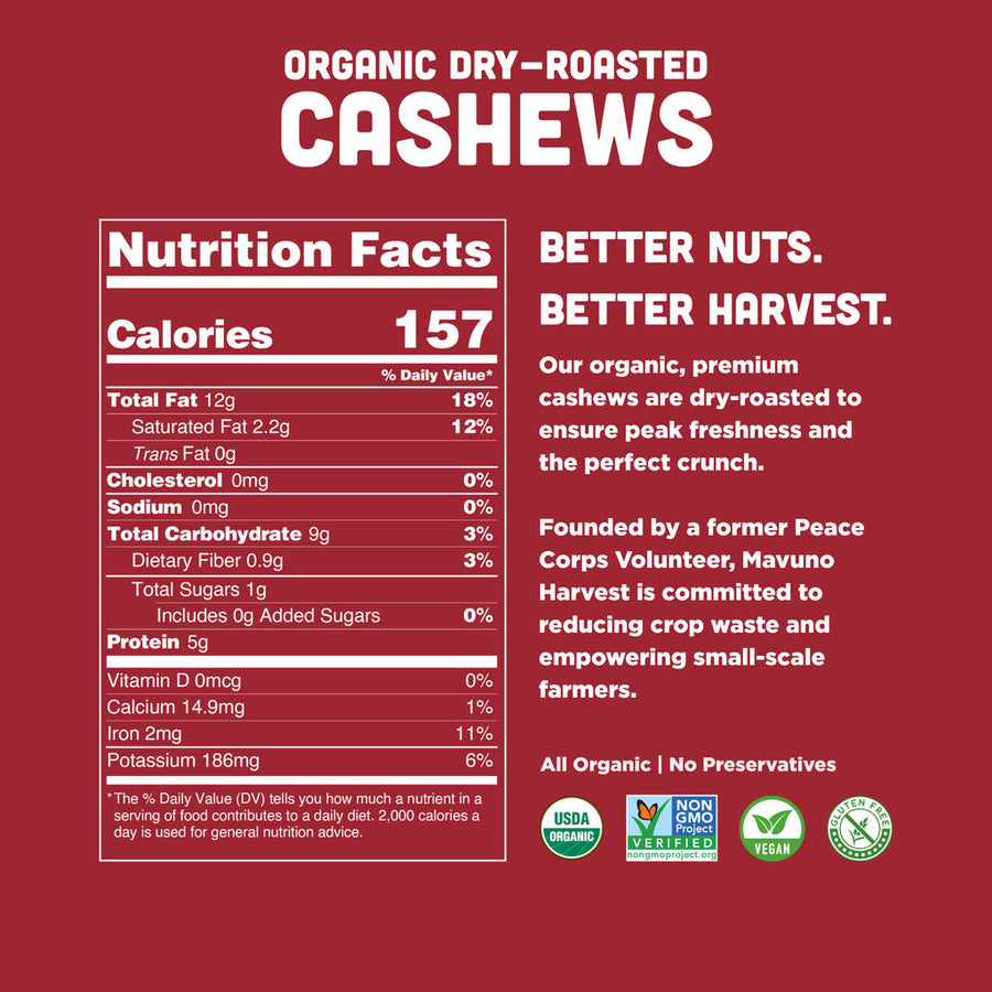 Mavuno Harvest Organic Roasted Cashews - 1 Pound (6-Pack)